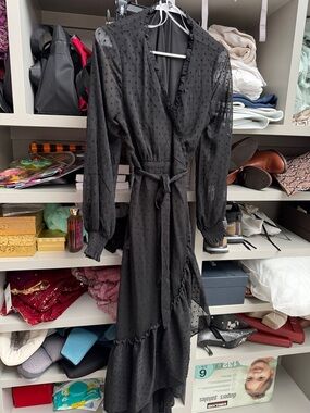 Lulu's Black Swiss Dot Wrap Maxi Dress